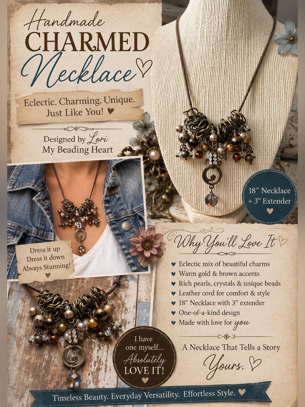 Handmade Charmed Necklace with Gold and Brown Accents